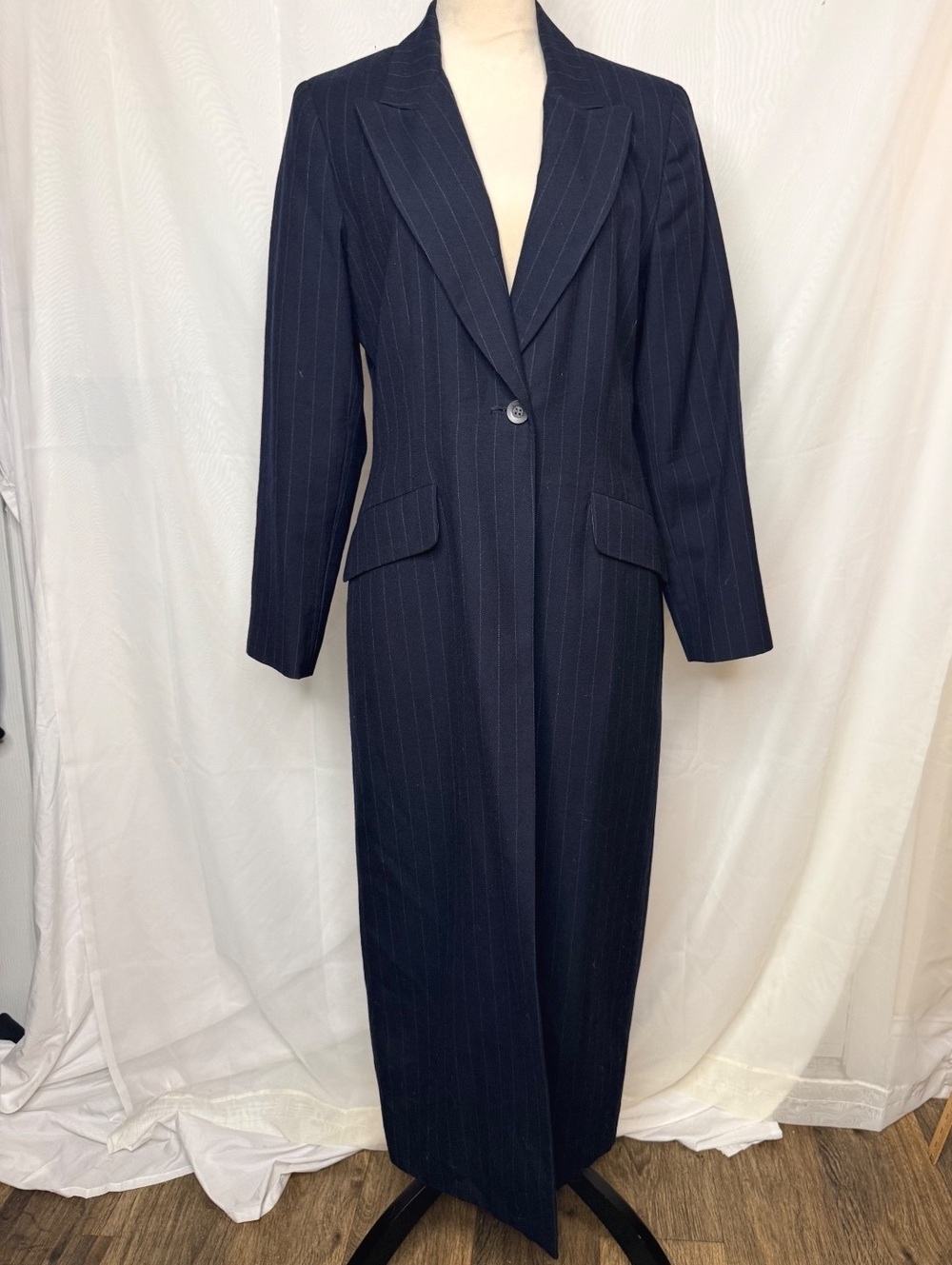 90’s Vintage Harvé Benard 100% Wool Navy Pinstripe Maxi Blazer